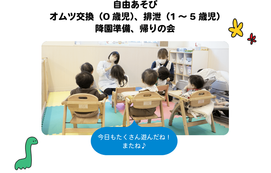 目覚め、オムツ交換（0歳児）、排泄（1・2歳児）、おやつ